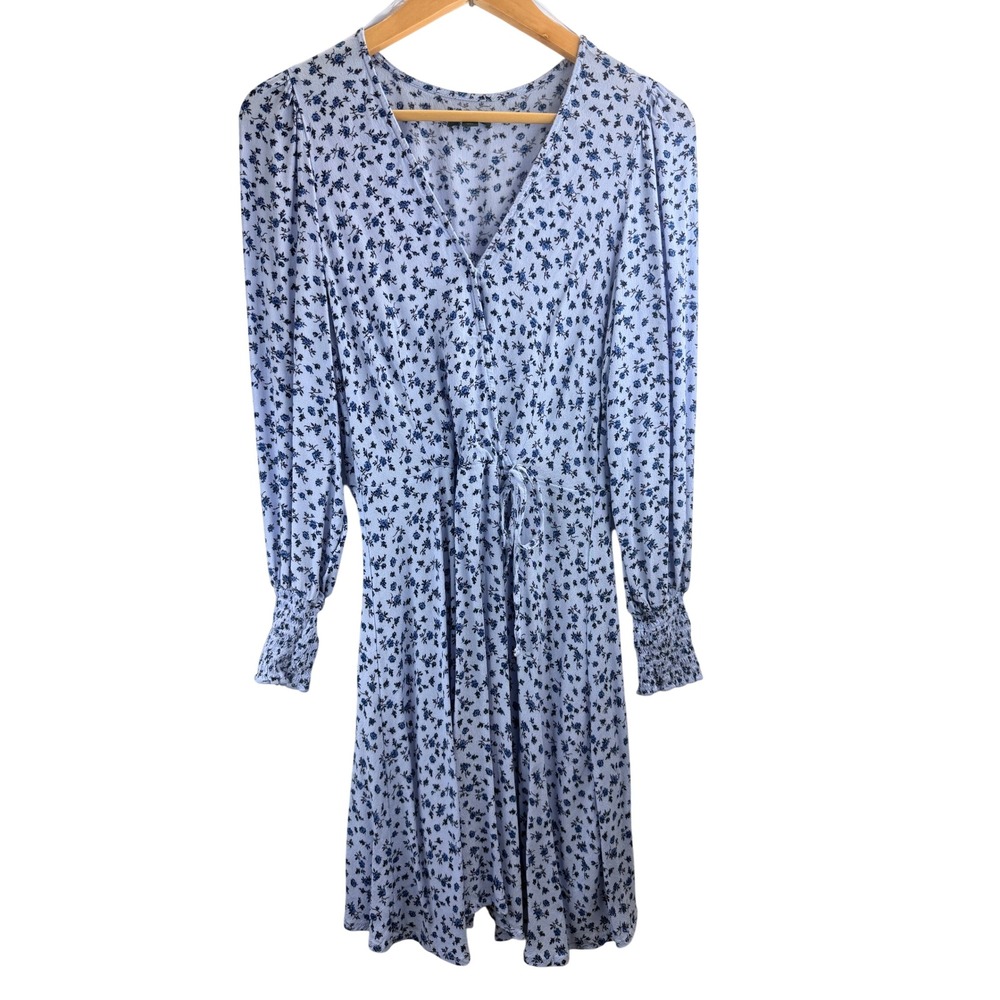 Wild Fable Womens Blue Floral Long Sleeve Mini Dress V-Neck Smocked Cuff Size M